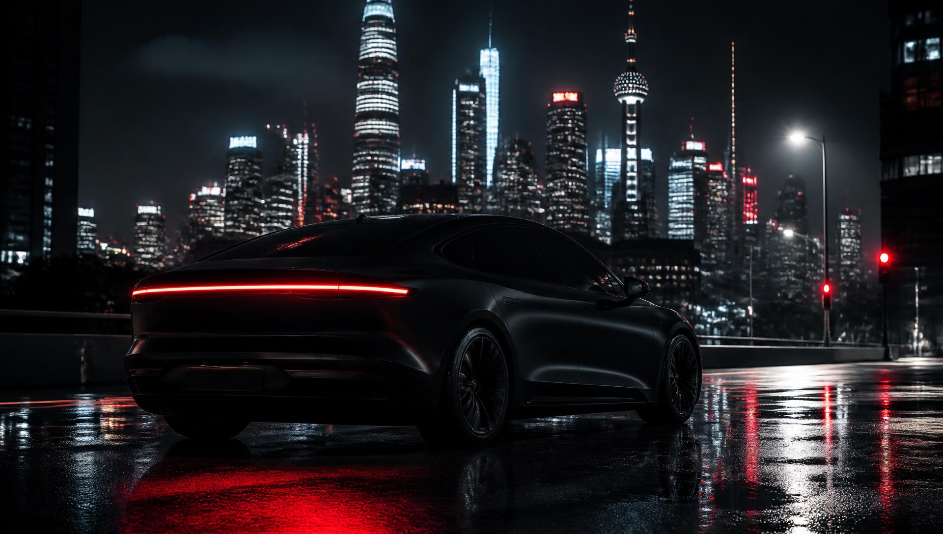 Dark electric sedan on a wet city street at night
